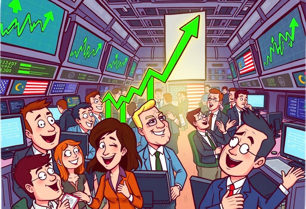 A vibrant cartoon illustration depicting the US stock market open higher, showing upward trending charts and happy investors, conveying positive market sentiment.