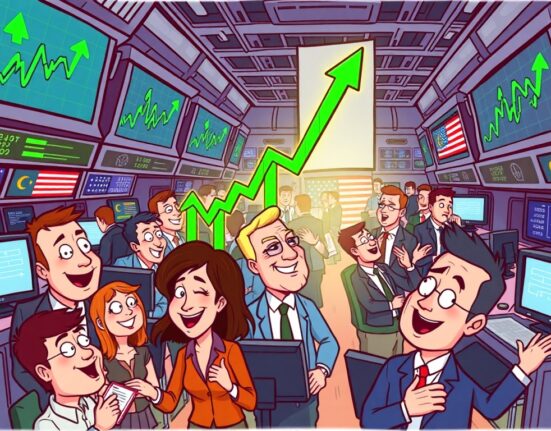 A vibrant cartoon illustration depicting the US stock market open higher, showing upward trending charts and happy investors, conveying positive market sentiment.