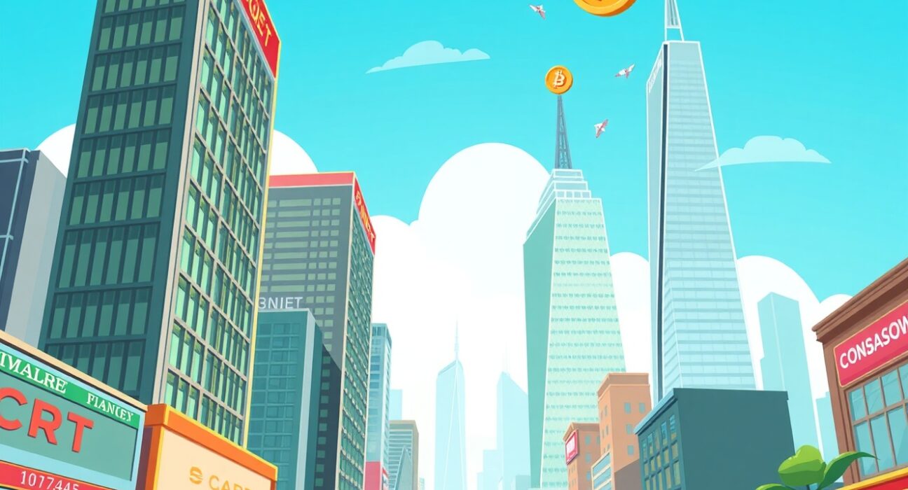 Optimistic cartoon showing a bustling US stock market, with subtle crypto symbols, illustrating its potential impact on investments.