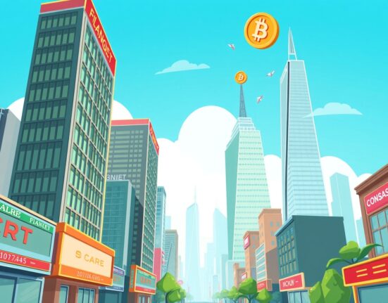 Optimistic cartoon showing a bustling US stock market, with subtle crypto symbols, illustrating its potential impact on investments.