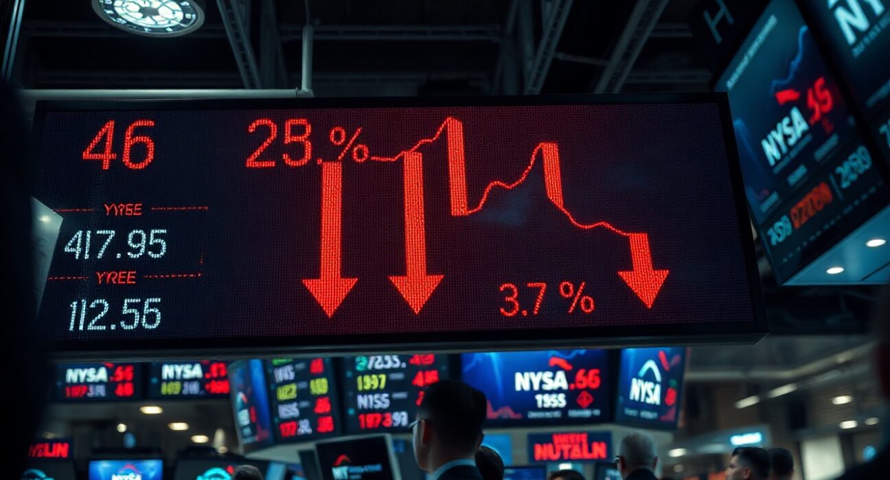 Digital stock market display showing red declining numbers on a trading floor.