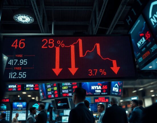 Digital stock market display showing red declining numbers on a trading floor.