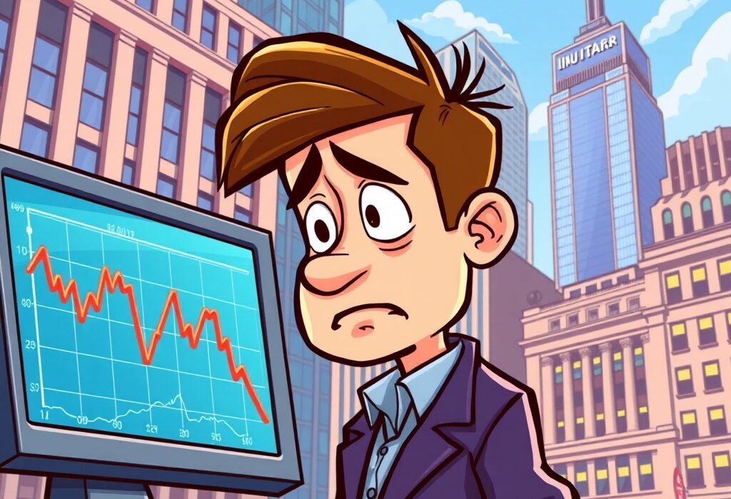 A cartoon illustration showing the U.S. stock market experiencing a decline, reflecting current investor sentiment.