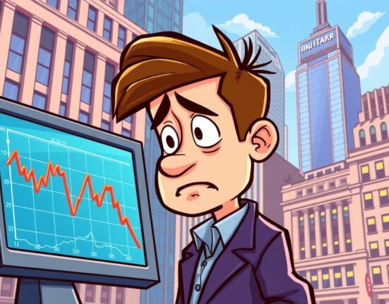 A cartoon illustration showing the U.S. stock market experiencing a decline, reflecting current investor sentiment.