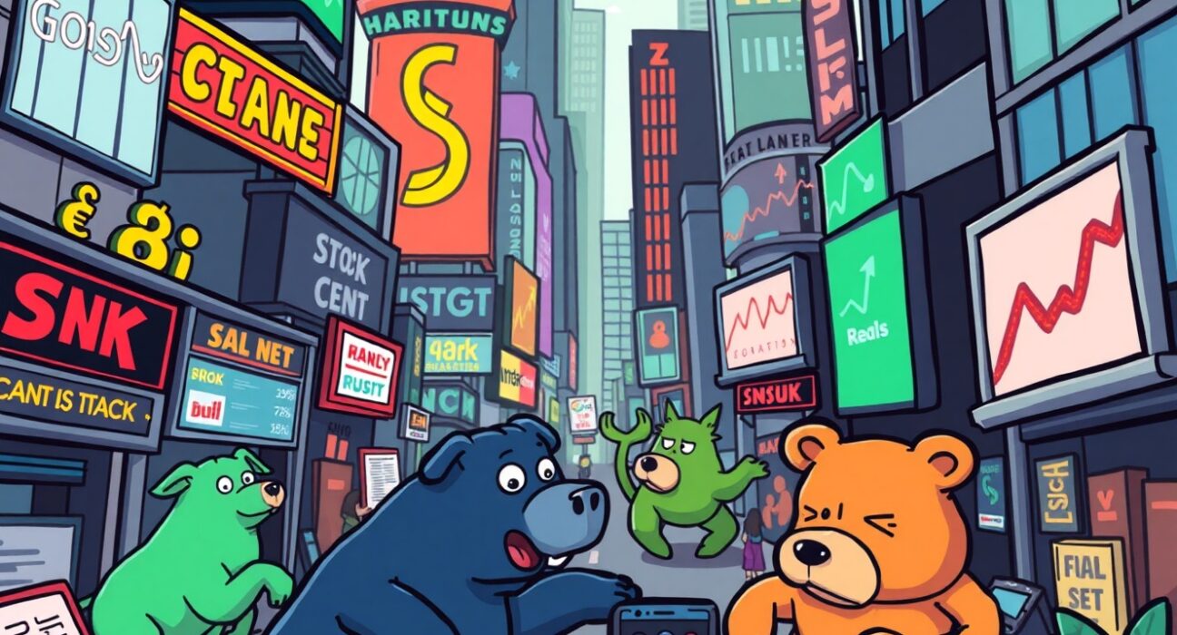 A cartoon illustration showing the US stock market with mixed index performance, reflecting a dynamic and uncertain trading day.