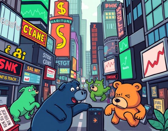 A cartoon illustration depicting the mixed US Stock Market open, showing its potential implications for cryptocurrency markets.