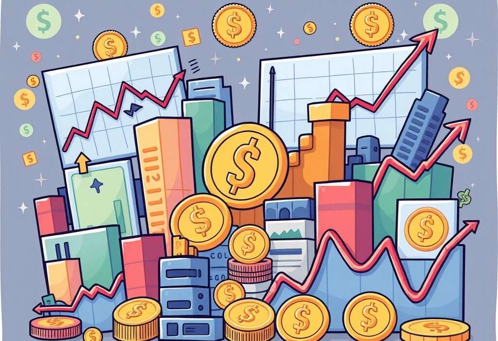 A vibrant cartoon illustration showing the mixed performance of the US stock market, with charts indicating both gains and losses, reflecting diverse market trends.