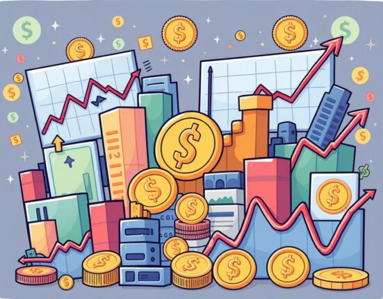 A vibrant cartoon illustration showing the mixed performance of the US stock market, with charts indicating both gains and losses, reflecting diverse market trends.