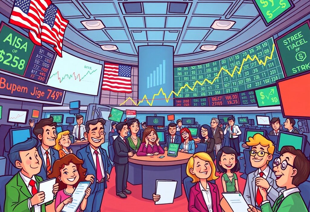 Cartoon illustration of a vibrant stock market showing upward trends, symbolizing positive US Stock Market momentum.