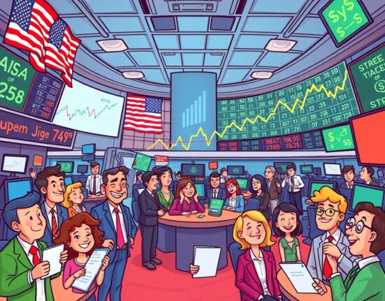Cartoon illustration of a vibrant stock market showing upward trends, symbolizing positive US Stock Market momentum.