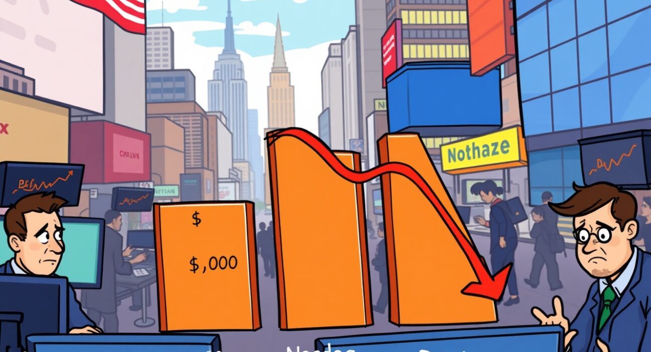 Cartoon illustration showing the US stock market opening with major indices declining, reflecting a slight dip in financial markets.