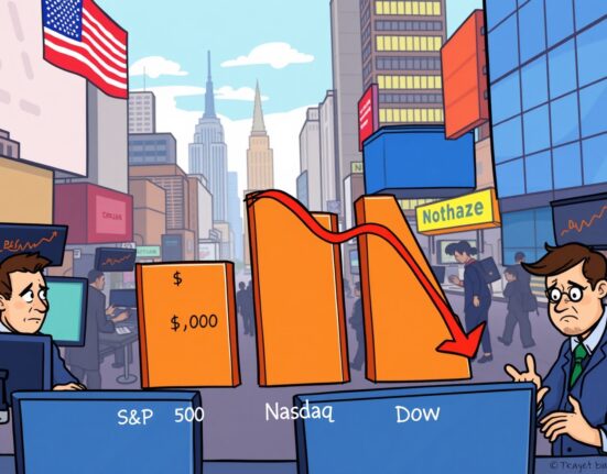 Cartoon illustration showing the US stock market opening with major indices declining, reflecting a slight dip in financial markets.
