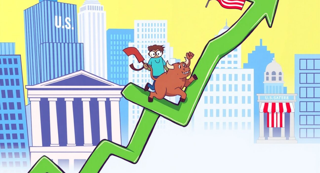A cartoon illustration showing the U.S. stock market opening strong, with indexes rising and investor optimism.