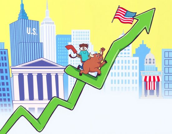 A cartoon illustration showing the U.S. stock market opening strong, with indexes rising and investor optimism.