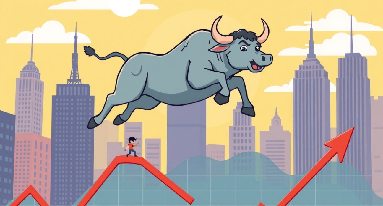A cartoon illustration of a rising U.S. stock market chart, symbolizing positive investor sentiment and market gains.