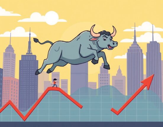 A cartoon illustration of a rising U.S. stock market chart, symbolizing positive investor sentiment and market gains.
