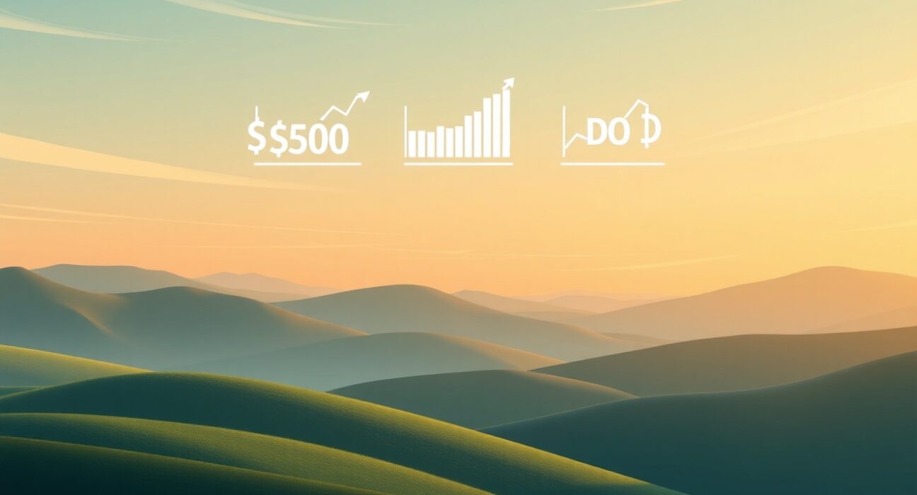 US stock market indices showing a cautious opening decline in a conceptual Ghibli Studio landscape.