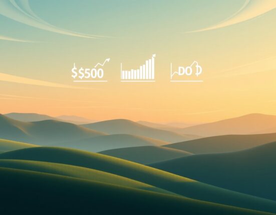 US stock market indices showing a cautious opening decline in a conceptual Ghibli Studio landscape.