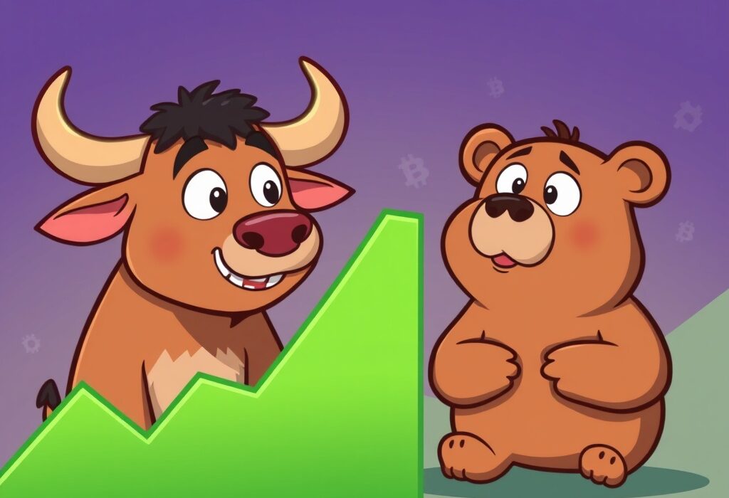 A cartoon bull and bear observe positive US Stock Market Performance, symbolizing market sentiment and its impact on investing.