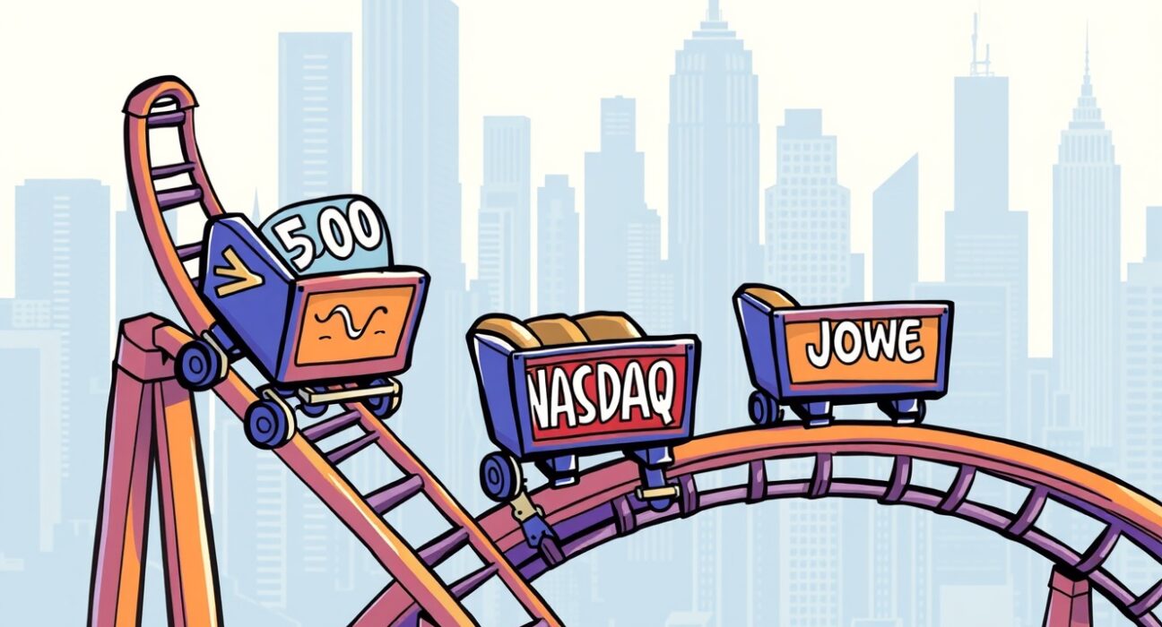 Cartoon illustration showing mixed US stock market performance, with some indexes rising and others falling, reflecting market uncertainty for investors.