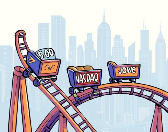 Cartoon illustration showing mixed US stock market performance, with some indexes rising and others falling, reflecting market uncertainty for investors.