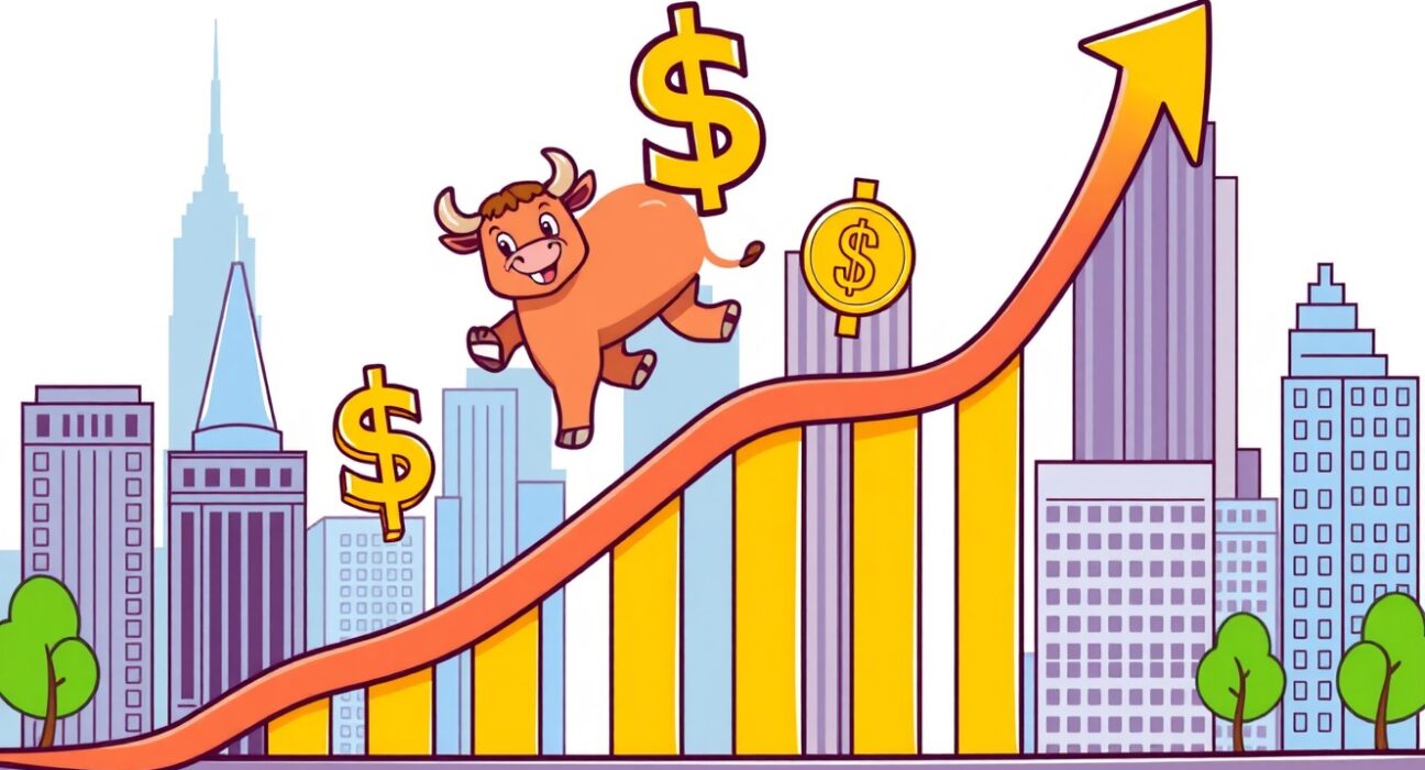 A vibrant cartoon showing an upward trend, symbolizing positive US stock market performance and its potential impact on investor sentiment.