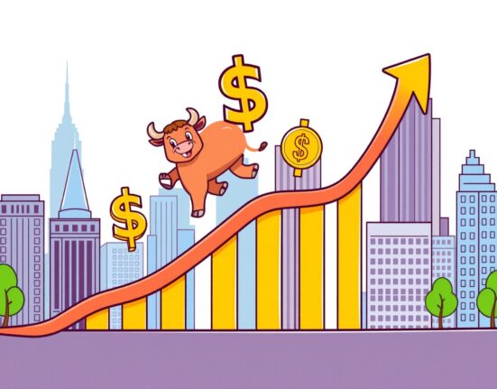 A vibrant cartoon showing an upward trend, symbolizing positive US stock market performance and its potential impact on investor sentiment.