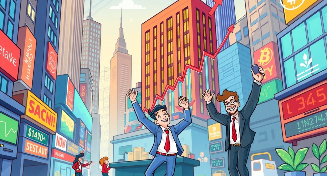 Cartoon showing upward charts and optimistic investors, reflecting strong US Stock Market Performance and broader market confidence.