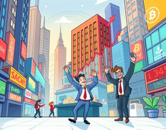 Cartoon showing upward charts and optimistic investors, reflecting strong US Stock Market Performance and broader market confidence.