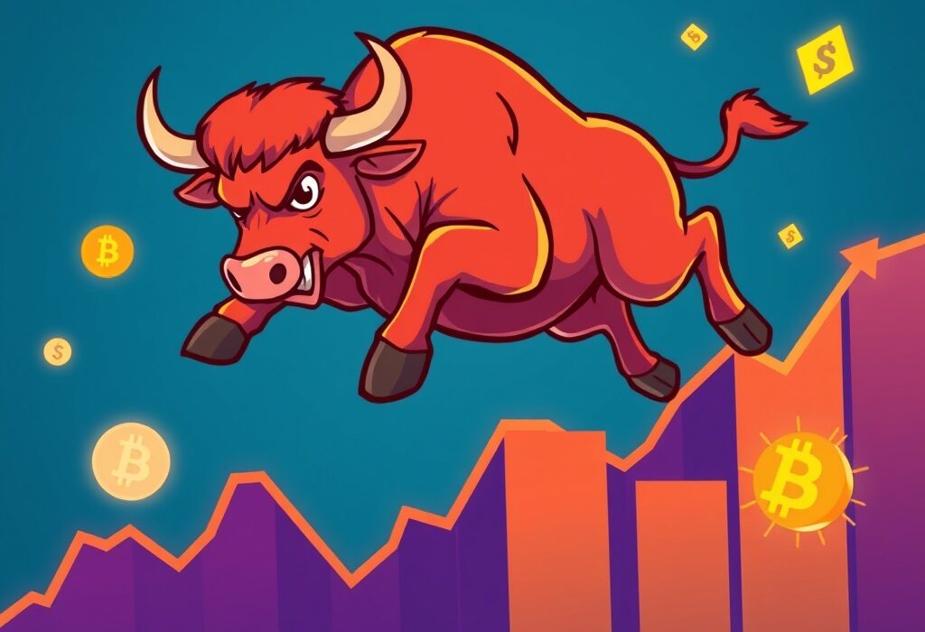 A cartoon illustration showing a powerful US stock market rally, symbolizing a positive shift in investor sentiment for digital assets.