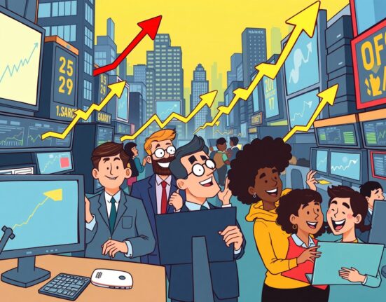 A cartoon illustration showing a powerful US stock market rally, symbolizing a positive shift in investor sentiment for digital assets.