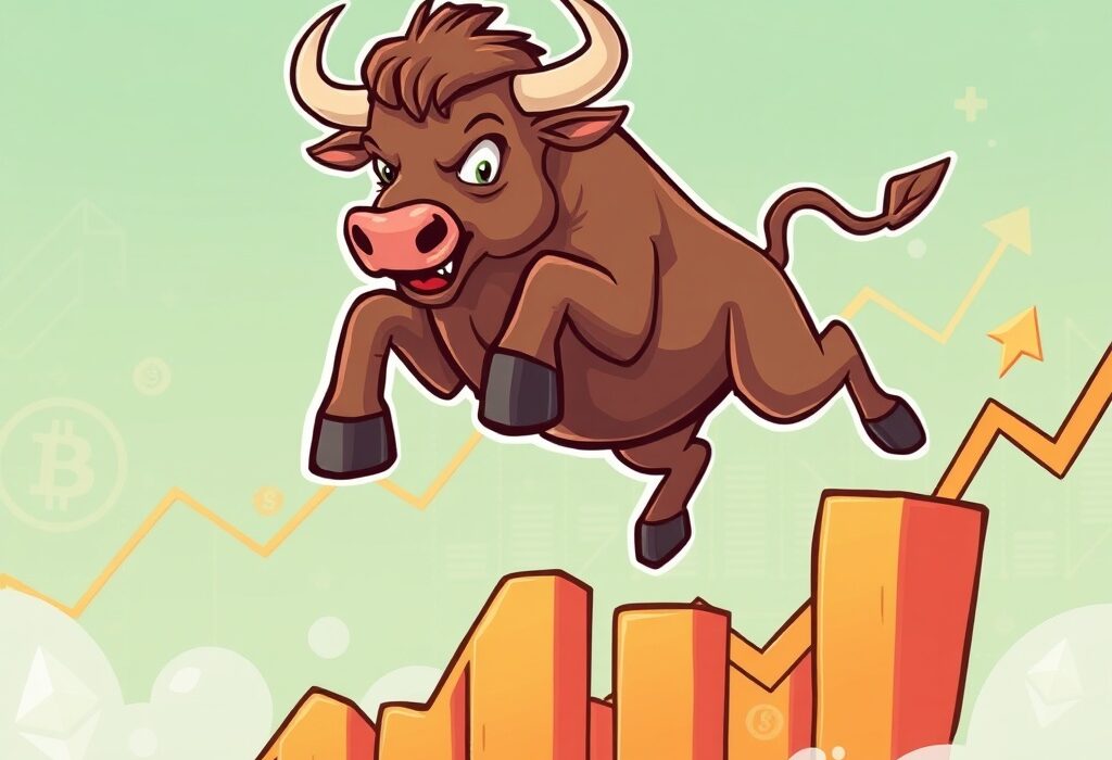 A cartoon bull symbolizing the US Stock Market Rebound, soaring over rising financial charts, representing a positive shift in investor sentiment.