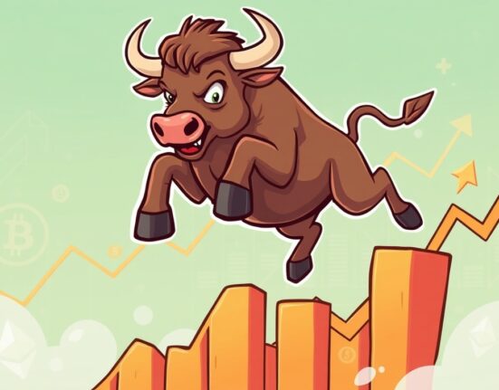 A cartoon bull symbolizing the US Stock Market Rebound, soaring over rising financial charts, representing a positive shift in investor sentiment.