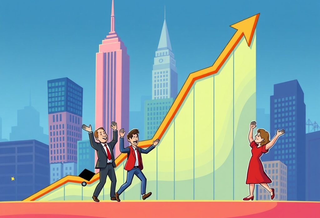 A vibrant cartoon showing an upward trend on a stock market graph, symbolizing the positive opening of the US stock market.