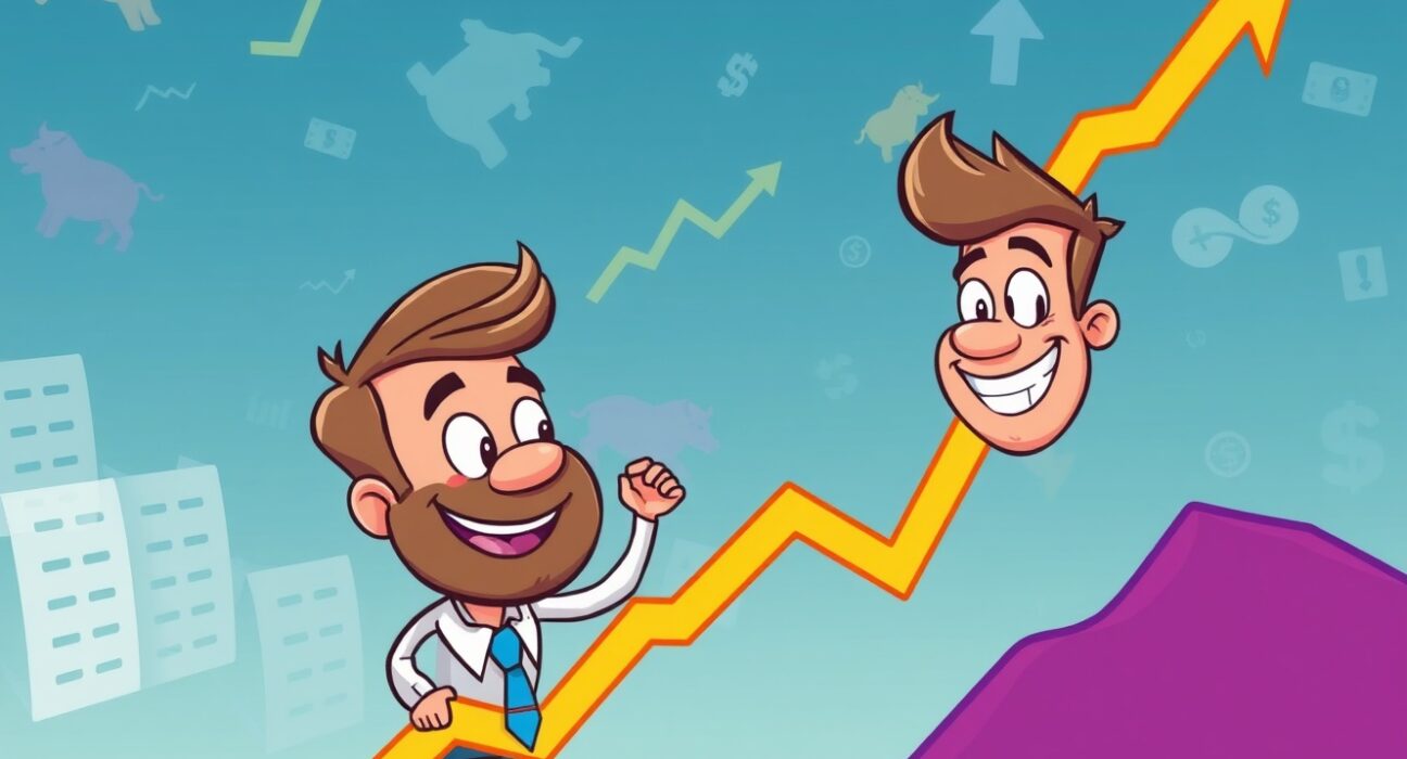 A cartoon investor celebrates the impressive gains across the US stock market, symbolizing a strong upward trend.