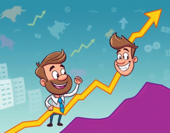 A cartoon investor celebrates the impressive gains across the US stock market, symbolizing a strong upward trend.