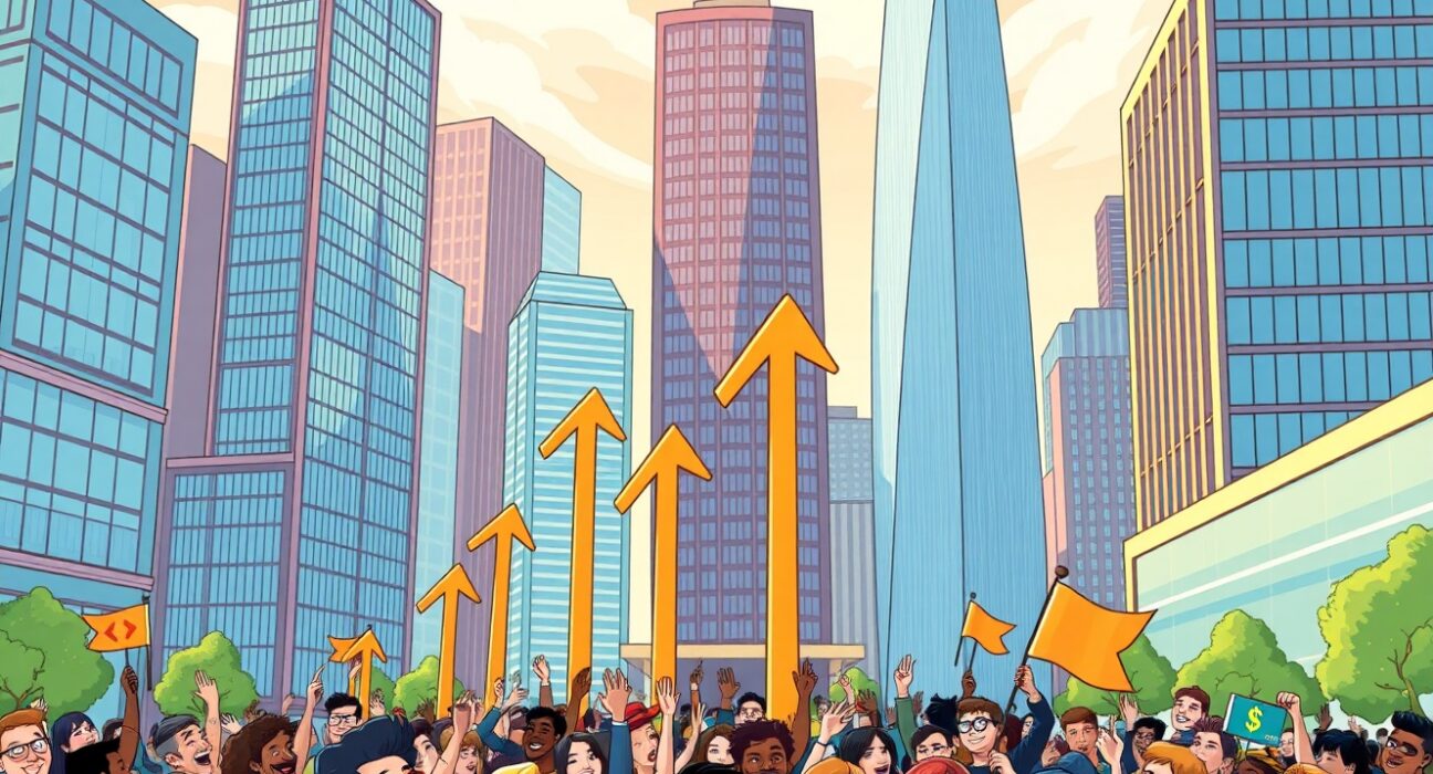 A vibrant cartoon illustration showing upward trends and positive investor sentiment in the US stock market.