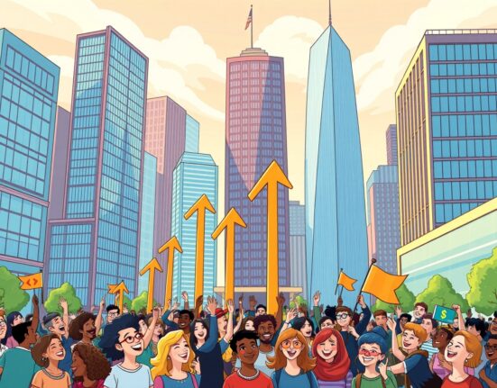 A vibrant cartoon illustration showing upward trends and positive investor sentiment in the US stock market.