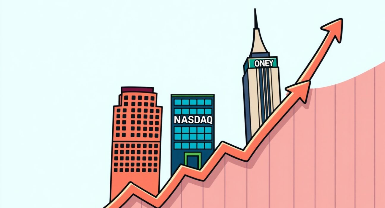 Cartoon illustration of rising US stock market indices, showing positive momentum and growth for investors.