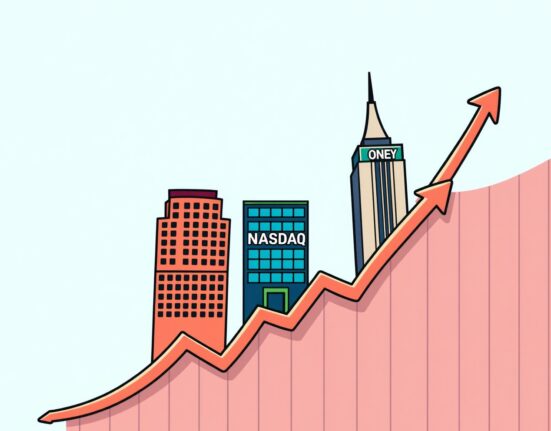 Cartoon illustration of rising US stock market indices, showing positive momentum and growth for investors.