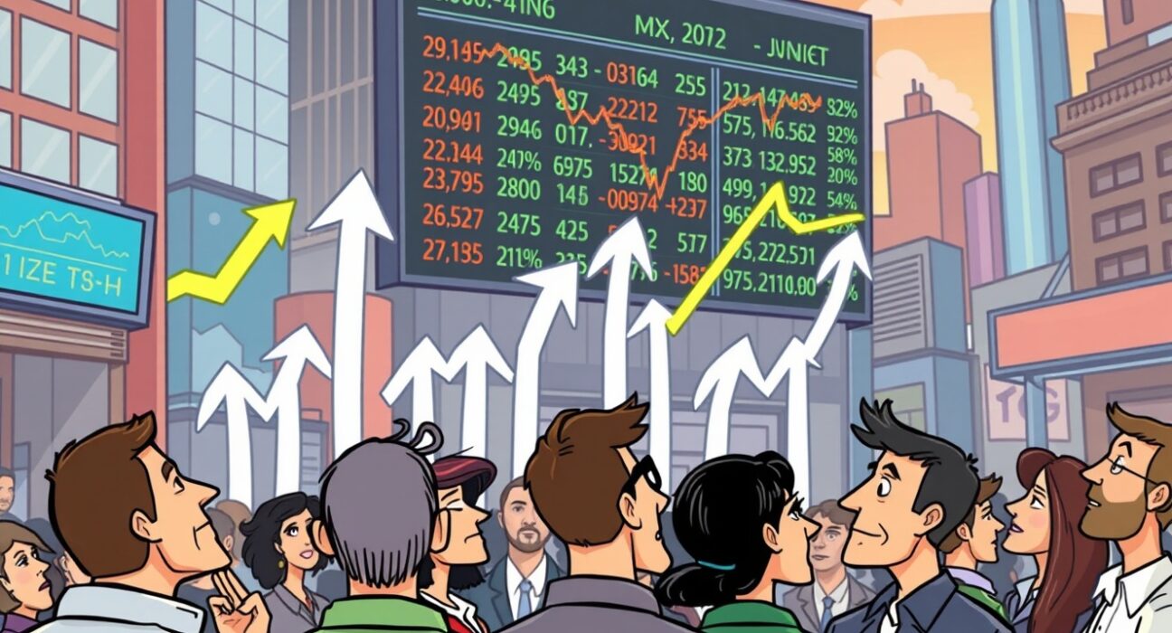 Cartoon illustration showing the dynamic and mixed performance of the US stock market, with investors reacting to fluctuating indexes.