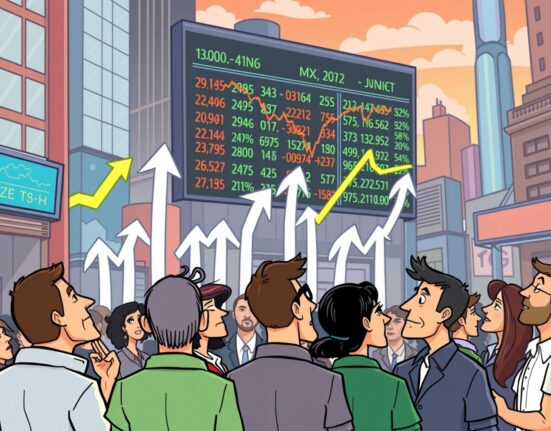 Cartoon illustration showing the dynamic and mixed performance of the US stock market, with investors reacting to fluctuating indexes.
