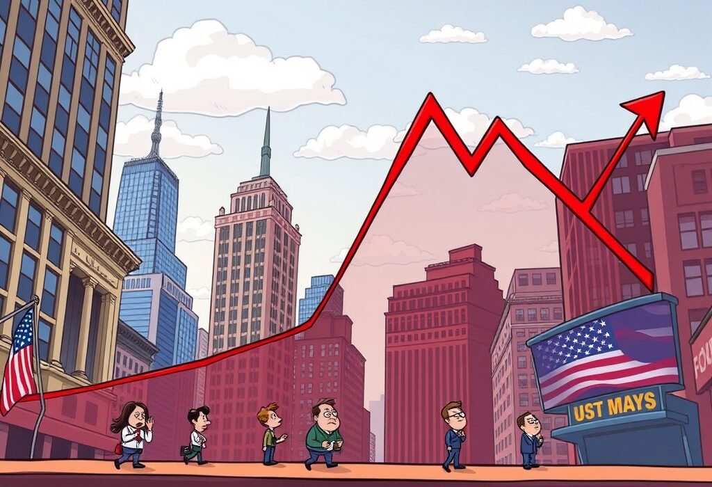 A cartoon illustration showing a downward trend on a stock market graph, representing the opening dip in U.S. stock markets and investor sentiment.