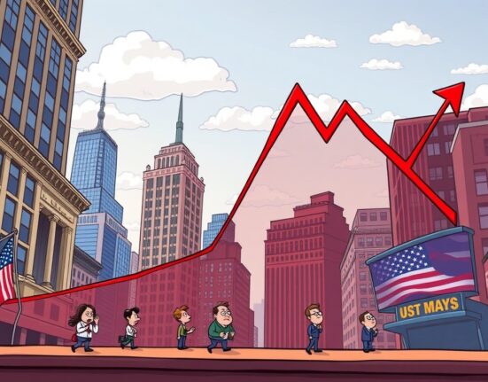 A cartoon illustration showing a downward trend on a stock market graph, representing the opening dip in U.S. stock markets and investor sentiment.