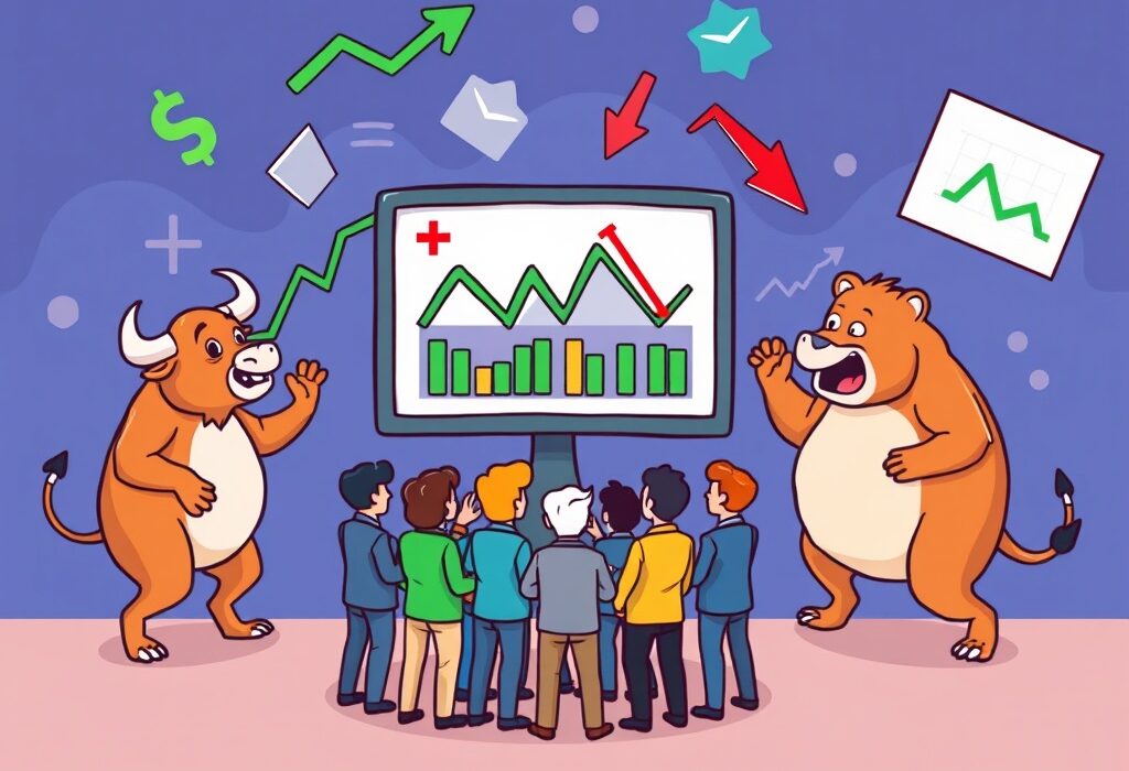 Cartoon illustration showing the mixed performance of U.S. stock markets, with a bull pushing a green chart and a bear pulling a red chart.