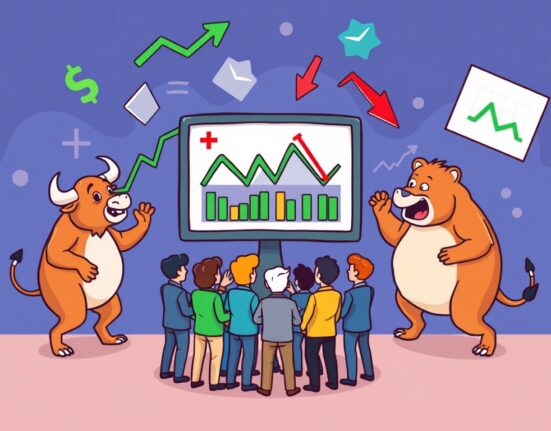 Cartoon illustration showing the mixed performance of U.S. stock markets, with a bull pushing a green chart and a bear pulling a red chart.