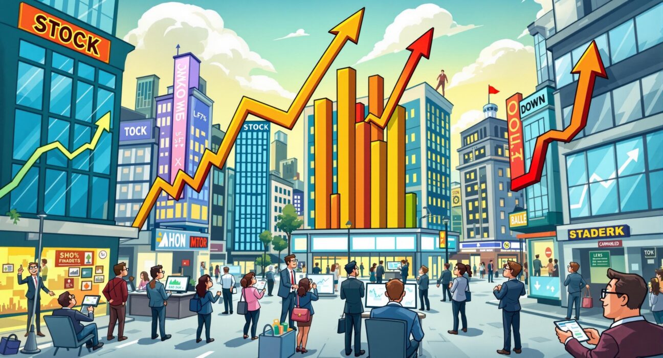 A cartoon illustration showing the mixed performance of U.S. stock markets, with various indices rising and falling, reflecting current investor sentiment.