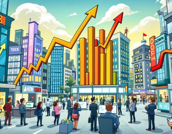 A cartoon illustration showing the mixed performance of U.S. stock markets, with various indices rising and falling, reflecting current investor sentiment.