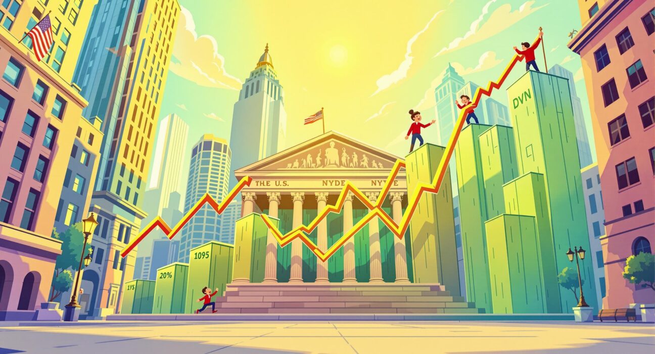 A positive cartoon illustration of U.S. stock markets rising, conveying optimism for investors.