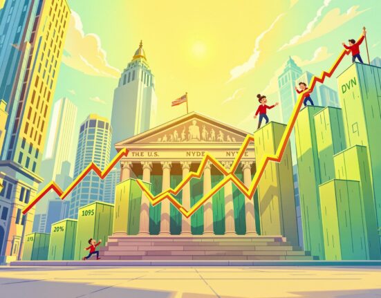 A positive cartoon illustration of U.S. stock markets rising, conveying optimism for investors.